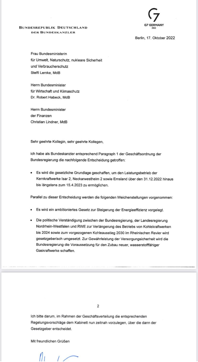 Schreiben von Olaf Scholz zur Verlängerung des Leistungsbetriebs der letzten drei deutschen AKW bis zum 15.04.2023
