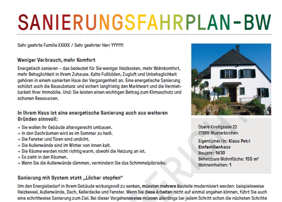 Mustervordruck eines Sanierungsfahrplan in Baden-Württemberg nach EWärmeG (Grafik: Ministerium für Umwelt, Klima und Energiewirtschaft Baden-Württemberg)