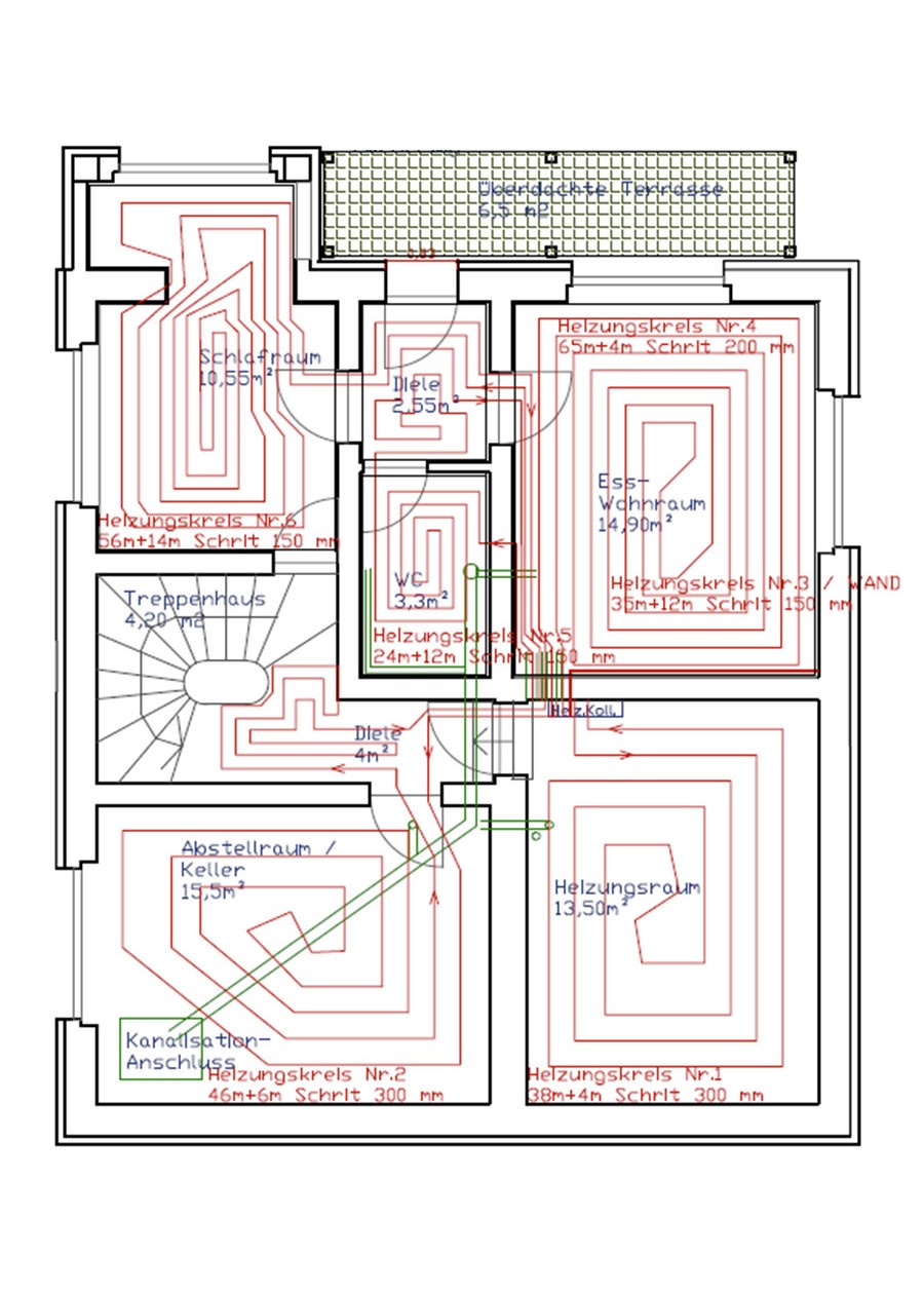 Skizze eines Verlegeplans einer Fußbodenheizung (Grafik: energie-experten.org)