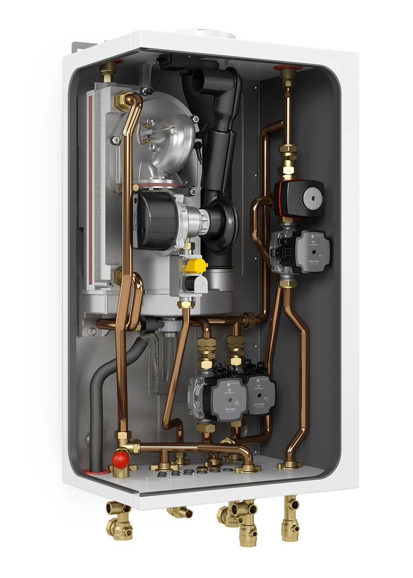 Der Gas-Brennwertkessel EcoTherm Plus WGB-M EVO ist serienmäßig mit zwei integrierten Heizkreisen ausgestattet. Für die Einbindung von Solarthermie kann ein Heizkreis im Kessel für eine Rücklaufanhebung umgerüstet werden. (Grafik: August Brötje GmbH)