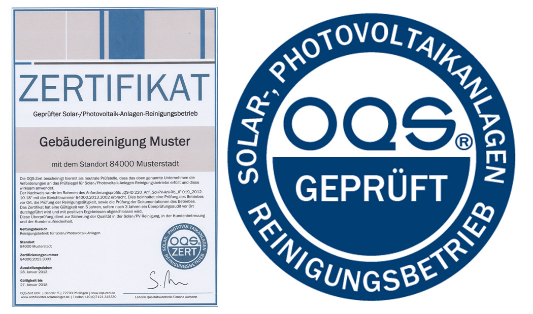 OQS-Zertifikat und OQS-Siegel „geprüfter und zertifizierter Solaranlagen-Reinigungsbetrieb“ (Foto: Optimale Qualitätsmanagement Systeme GbR)
