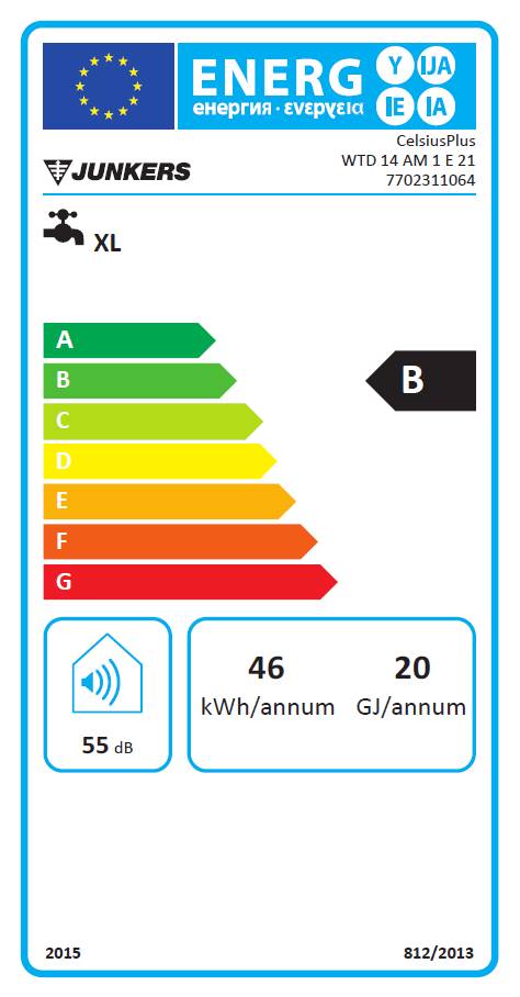 Effizienzlabel des Junkers Gas-Durchlauferhitzer CelsiusPlus - WTD 14 AM 1 E (Grafik: Junkers / Bosch Thermotechnik GmbH)