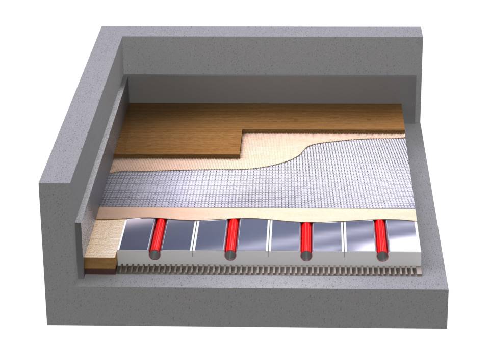 Aufbau einer Fußbodenheizung bei verklebtem Mehrschicht-Parkett (Grafik: Verband der deutschen Parkettindustrie e.V. / Proline Systems GmbH)