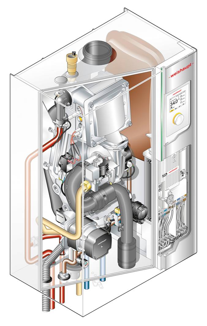 Weishaupt Gas-Brennwertgeräte (hier: Schnittgrafik des WTC-GW B) können mit Erdgas, Flüssiggas und zulässigen Bio-Gasen (in Erdgasqualität) betrieben werden. (Grafik: Max Weishaupt GmbH)