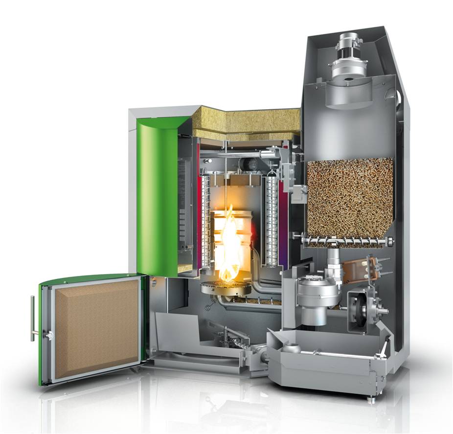 Die vollautomatische Pellematic Pellet-Brennwertheizung besitzt einen Flammraumfühler für eine gleichmäßige Verbrennung und eine intuitive Heizungsregelung per Touchscreen. (Grafik: ÖkoFEN Heiztechnik GmbH)