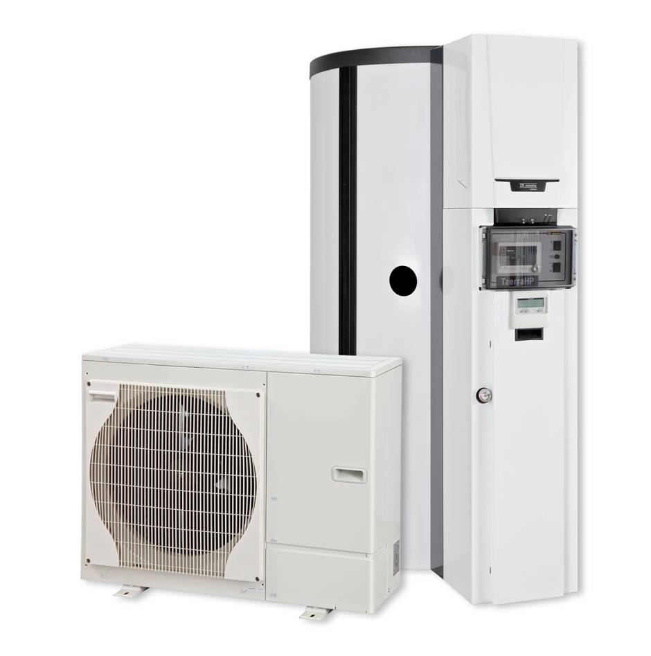 Das hybride Heizungssystem TzerraHP besteht aus einer kompakten Gasbrennwerttherme und einer Monobloc Luft-Wasser-Wärmepumpe. (Foto: Remeha GmbH)