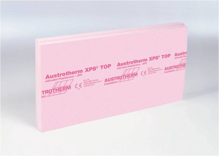 Druckfeste Wärmedämmplatte Austrotherm XPS TOP aus extrudiertem Polystyrolhartschaum mit Stufenfalz. (Foto: Austrotherm GmbH)