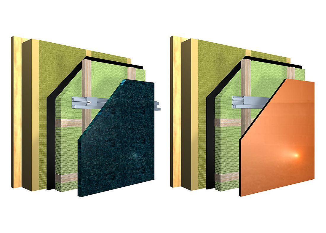 Systemschnitt des vorgehängten hinterlüfteten Fassadendämmsystems StoVentec, das mit Oberflächen aus Naturstein (links), Glas (rechts) oder sogar Solarmodulen ausgestattet werden kann. (Grafiken: Sto AG)
