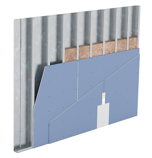 Die Knauf Gips KG bietet basierend auf der Gipsplatte Diamant Steel mit Blechkaschierung das Brandwandsystem W131.de in EI 90-M-Qualität bis zu einer geprüften Wandhöhe von 9 Metern an. (Foto: Knauf)