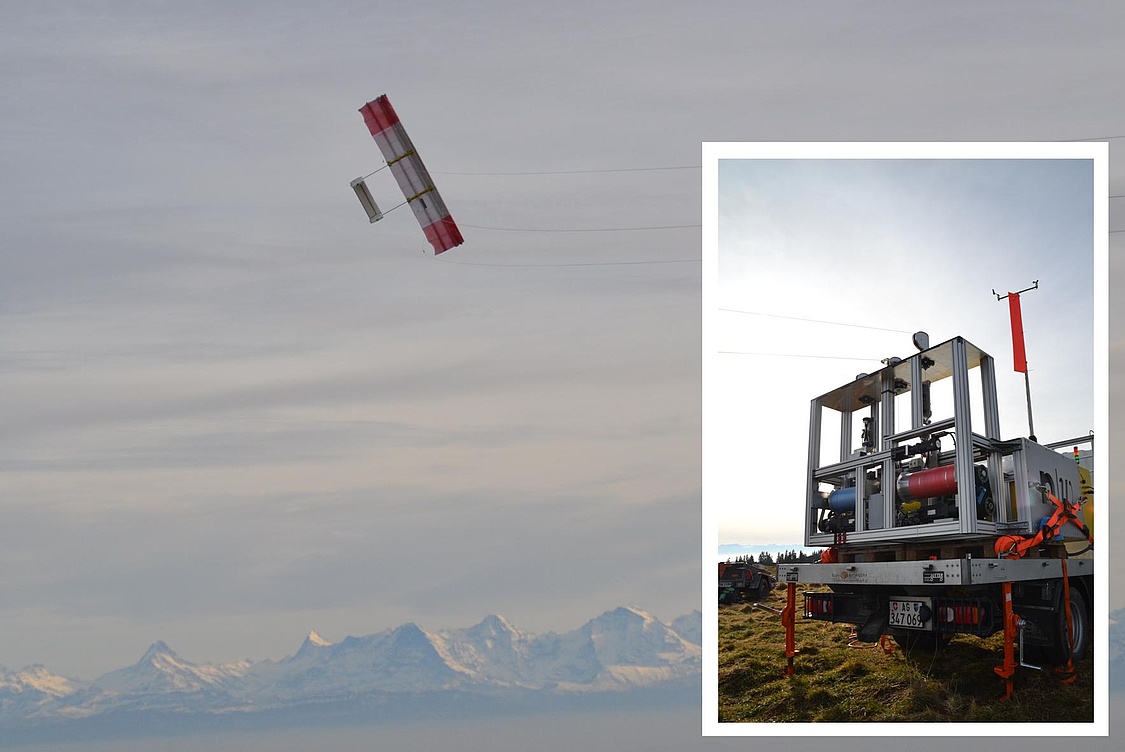 Schweizer Tensairity-Kite soll Strom aus dreihundert Metern Höhe gewinnen - hier: An den Kurbeln der Bodenstation wird der Kite befestigt und in der Luft gehalten, während der Zug darauf in Strom umgewandelt wird. (Foto: Empa)