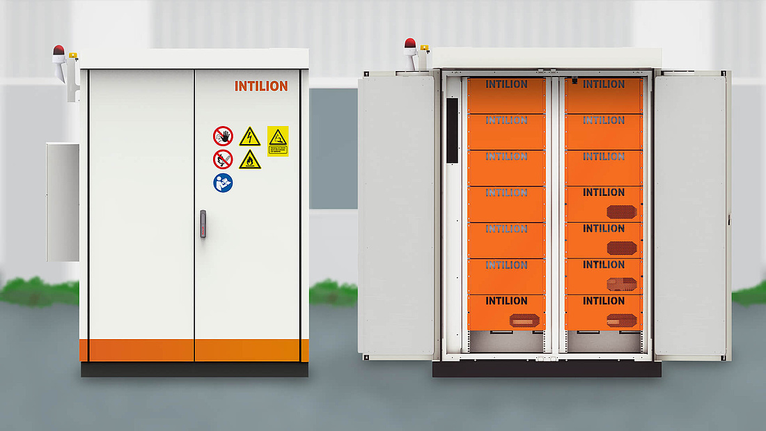 Der Outdoor-Gewerbespeicher scalebloc der INTILION GmbH auf Lithium-Ionen-Basis besitzt eine Kapazität von 68,5 kWh und lässt sich modular auf bis zu eine Megawattstunde erweitern. (Foto: INTILION GmbH)