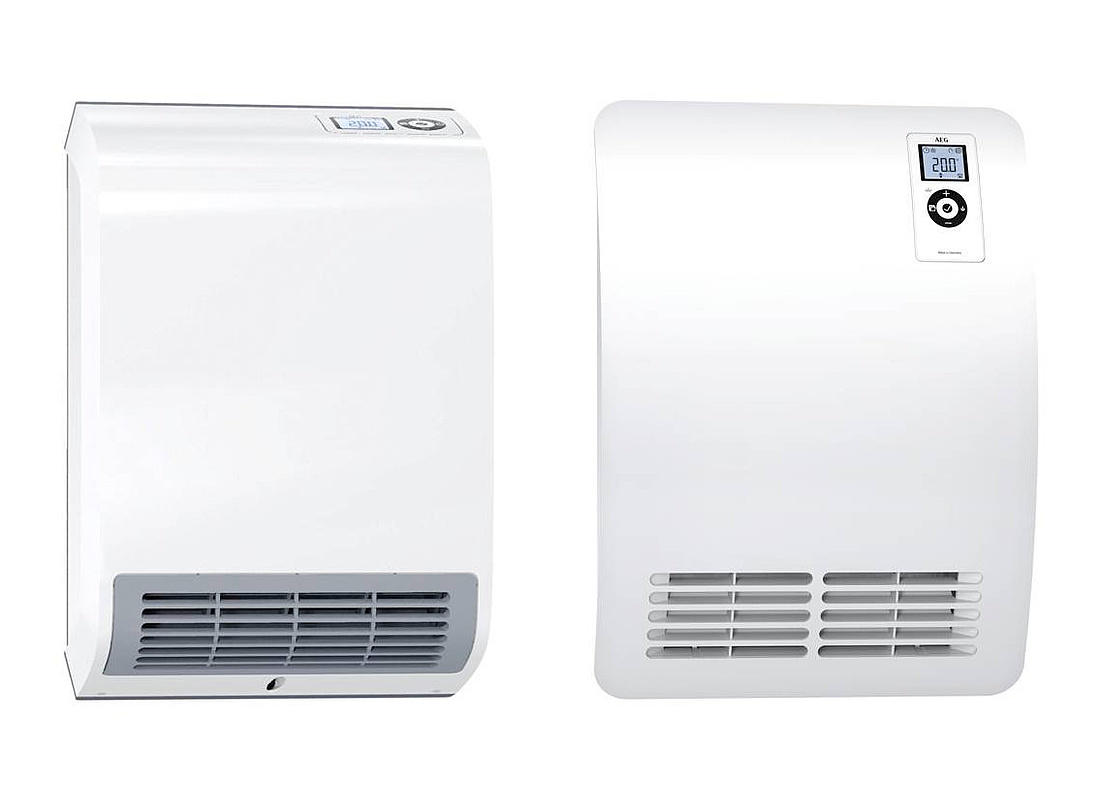 Die steckerfertigen Ventilatorheizer VH 213 (links) und VH Comfort (rechts) zur Wandmontage erfüllen die Öko-Design-Richtlinie für elektrische Heizungen. (Fotos: AEG Haustechnik)