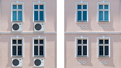 Vergleich zwei identischer Fassaden, links mit typischen Außeneinheiten, rechts ohne