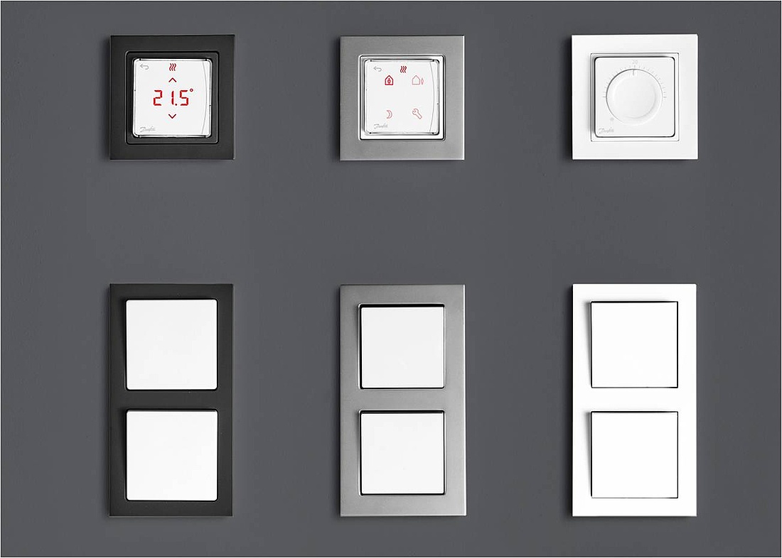 Die Icon Design-Thermostate für Fußbodenheizungen sind klassisch mit einem Drehrad oder wahlweise in den Varianten mit Display und programmierbar erhältlich. (Foto: Danfoss)