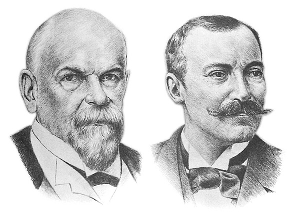 Porträt von Chemiker Dr. Carl Grünzweig (li.) und dem Kaufmann Paul Hartmann 1878 in Ludwigshafen.