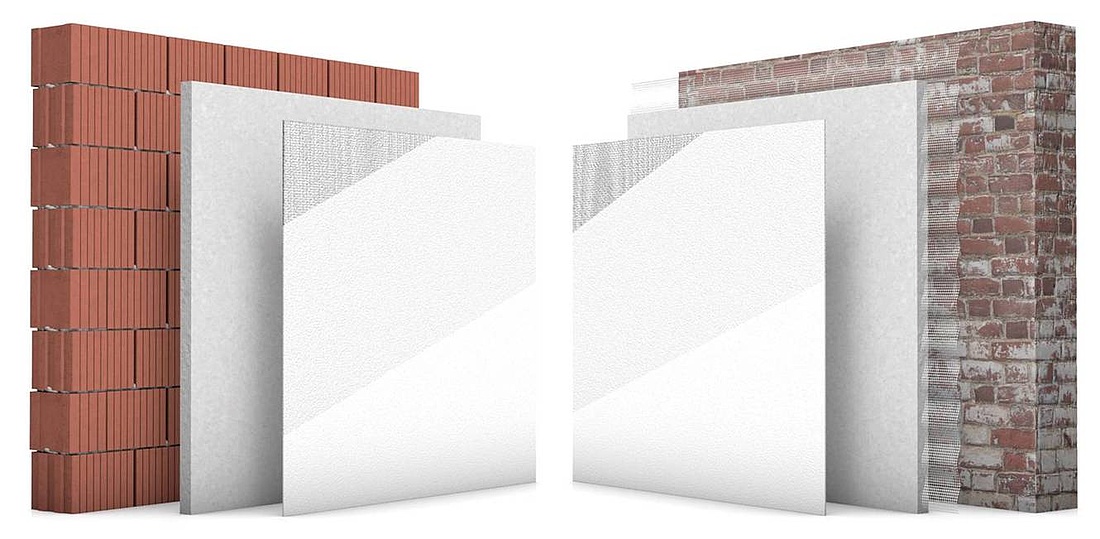 Bei Neubauwänden (links) kann der Dämmputz direkt auf das Mauerwerk aufgetragen werden. Bei Altbauwänden (rechts) kommt zuerst eine Putzträgermatte oder Vorspritzmörtel zum Einsatz. (Foto: HECK Wall Systems GmbH)