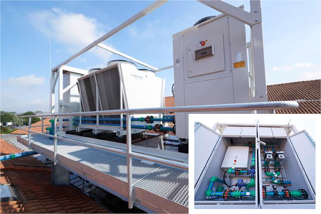 Über einen auf dem Dach positionierten Kühlcontainer wird ein Rittal-Rechenzentrum indirekt, frei gekühlt, indem die einströmende kalte Außenluft das warme Wasser abkühlt, das dann die Zuluft kühlt. (Fotos: Rittal GmbH & Co. KG)