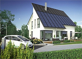Neubau des energieautarken Sonnenhauses der VR-Bank Altenburger Land im östthüribgischen Schmölln (Foto: HELMA Eigenheimbau AG / Sonnenhaus Institut e.V.)