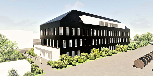Auf diesem Bild sehen Sie einen Entwurf des Sonnenhauses der Bayernwerk mit schwarz glänzender Fassade