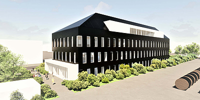 Auf diesem Bild sehen Sie einen Entwurf des Sonnenhauses der Bayernwerk mit schwarz glänzender Fassade