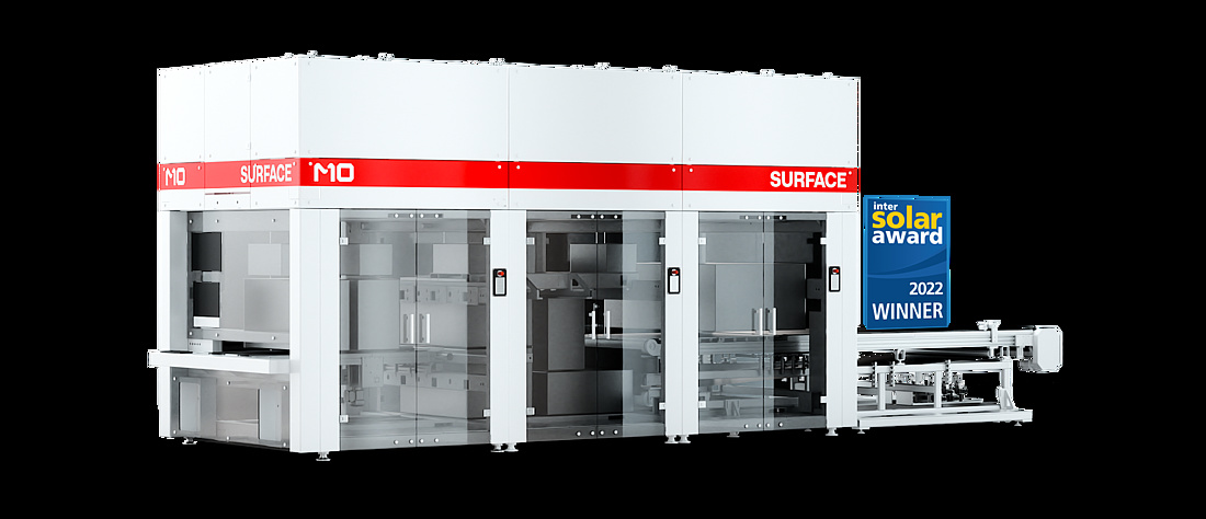 „SURFACE“, die weltweit erste Verschaltungs-Maschine verlegt sowohl alle Zellentypen (z.B. PERC, TOPCon, HJT, usw.) als auch Zell-Formate (M0 bis M12). (Grafik: M10 Industries AG)