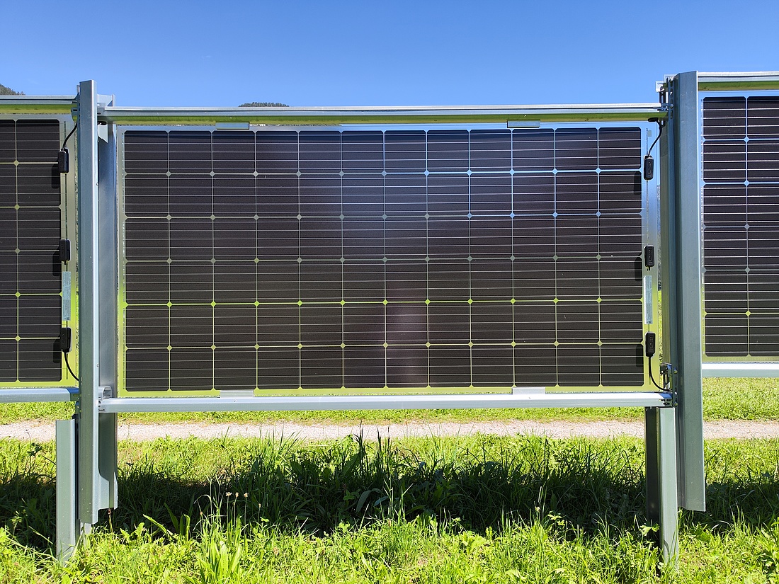 Bifaciale Doppelglas Solarmodule bringen in Ost-West-Ausrichtung die höchsten Solarerträge. Der Solarzaun mit Rammfundamentierung grenzt die Weidefläche ab. (Foto: energie-experten.org)