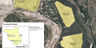 Der Lageplan verdeutlicht die Größenordnung des ehemaligen Braunkohletagebau-Geländes, auf dem jetzt der Energiepark Lausitz entsteht. (Foto: GP JOULE)