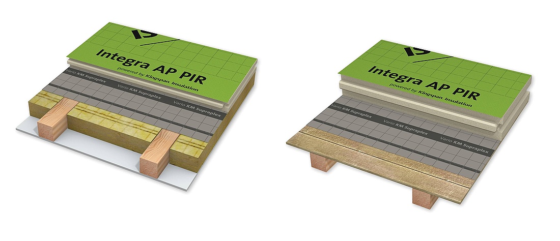 ISOVER bietet mit Integra AP PIR ein flexibles Dämmsystem sowohl für eine klassische Aufdachdämmung (rechts) oder in Ergänzung zu einer Mineralwolle-Zwischensparrendämmung in der Sanierung (links). (Foto: SAINT-GOBAIN ISOVER G+H AG)