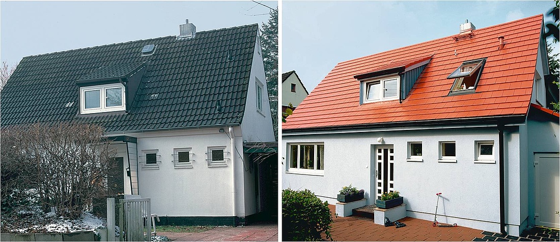 Hier sehen Sie einen Vorher-Nachher-Vergleich einer Altbausanierung eines Einfamilienhauses.