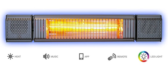 Der 2.000 Watt Infrarot-Heizstrahler Appino BEATZZ ist mit einem Sound-reaktivem LED Backlight Licht und Musik-Soundsystem ausgestattet. (Foto: VASNER - MankeTech GmbH)