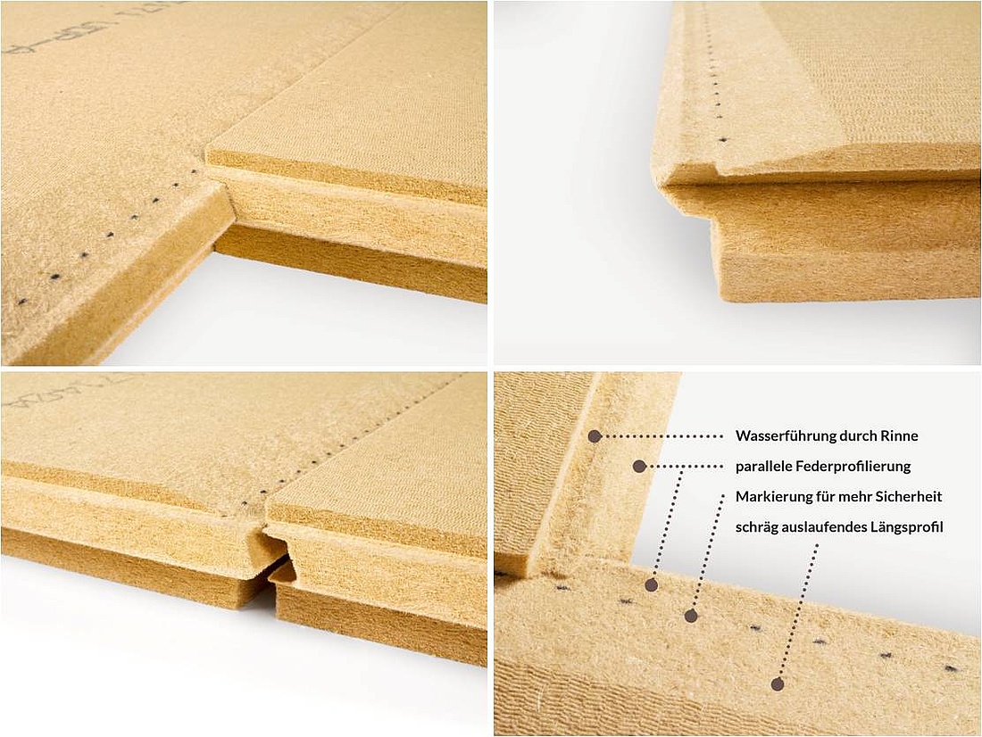 Innovative Holzfaserdämmplatten: Die Unterdeckplatte GUTEX Ultratherm erlaubt das Kombinieren von Unterdeckplatten mit unterschiedlichen Dicken. Dies kann z. B. bei der Überdämmung des Dachvorsprungs von Vorteil sein. (Fotos: GUTEX Holzfaserplattenwerk)
