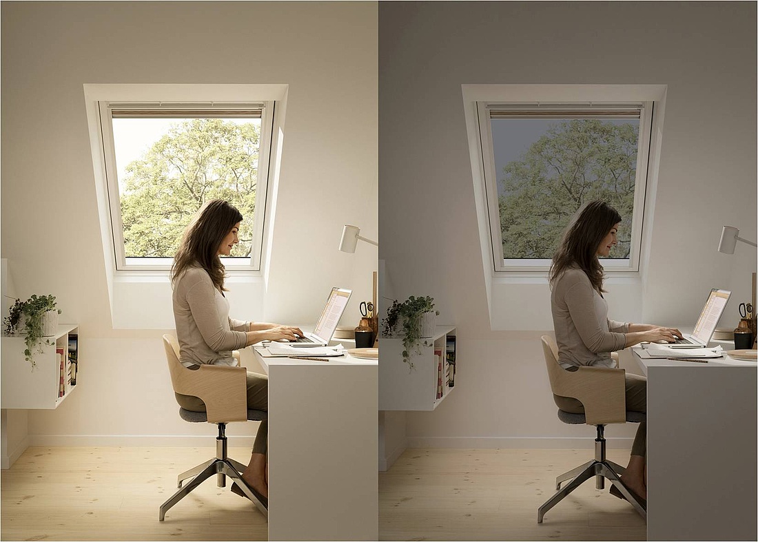 Mit elektrochrom verglasten Fenstern lässt sich Sonnen- und Hitzeschutz optimal auf Tageszeit und Wetter abstimmen. (Foto: Velux Deutschland GmbH)