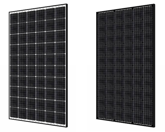 Hier sehen Sie das polykristalline Talesun MIPRO-Modul mit Multi-Busbar-Technologie mit einem schwarzen Rahmen (links) und komplett in schwarz (rechts).