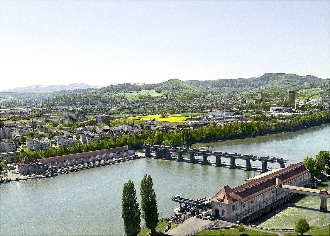 Wasserstoff aus Wasserkraft (hier Wasserkraftwerk in Laufenburg) kann besonders wirtschaftlich hergestellt werden. Die neue Power-to-Gas-Anlage am Wasserkraftwerk Wyhlen soll jetzt den Praxis-Nachweis erbringen. (Foto: Energiedienst AG)