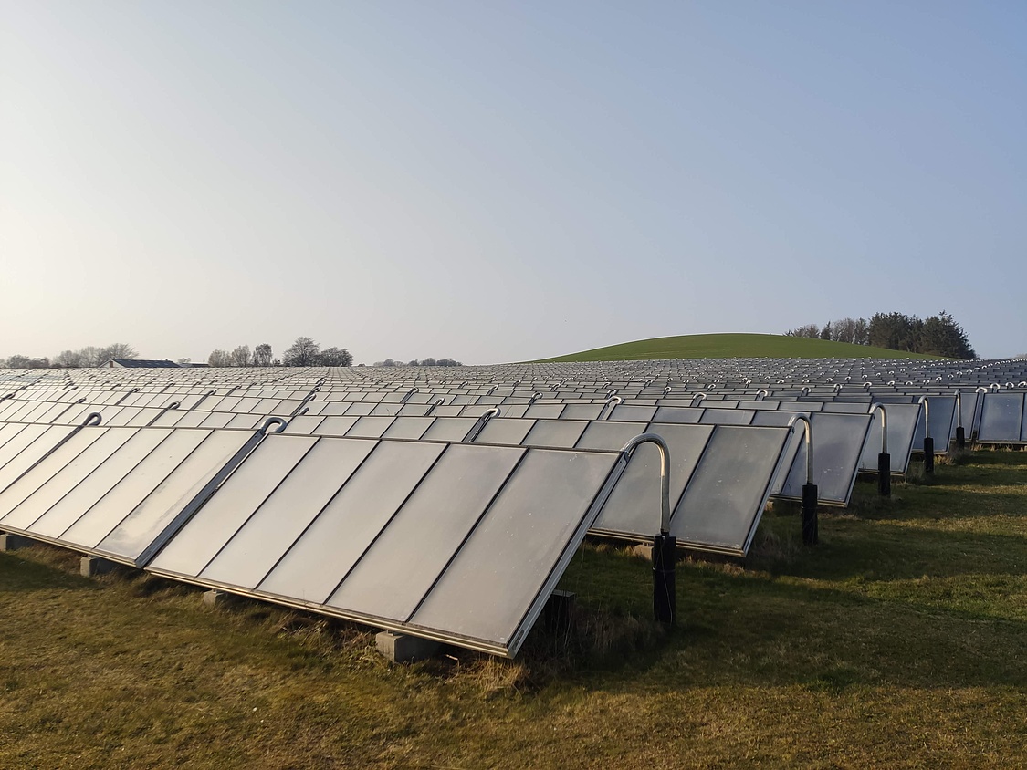 Auf diesem Bild sehen Sie eine Freiflächen-Solarwärme-Anlage auf Langeland in Dänemark
