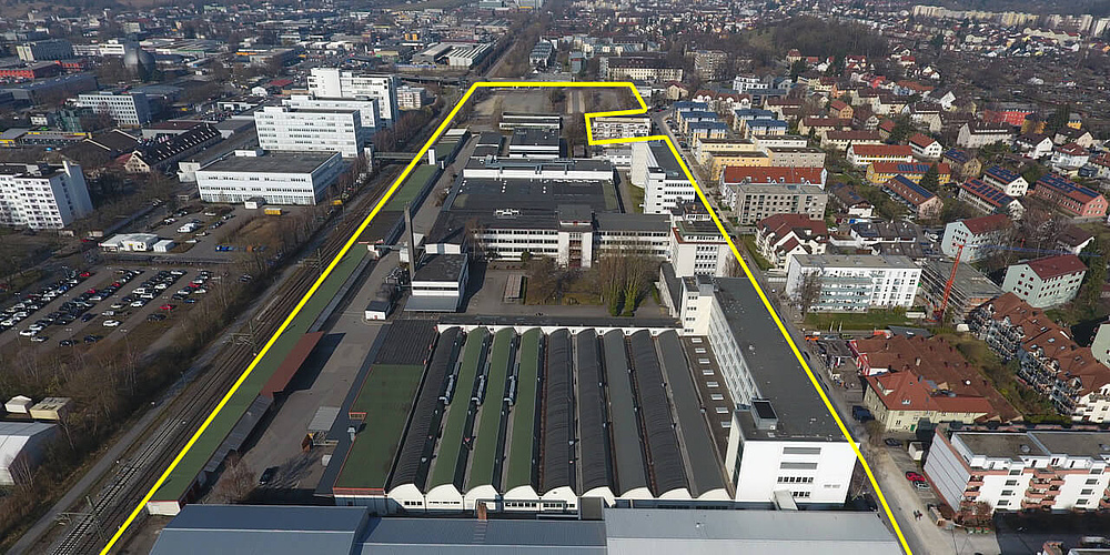 Das Bild zeigt eine Luftaufnahme des großen ehemaligen Siemensareals (Foto: i+R)