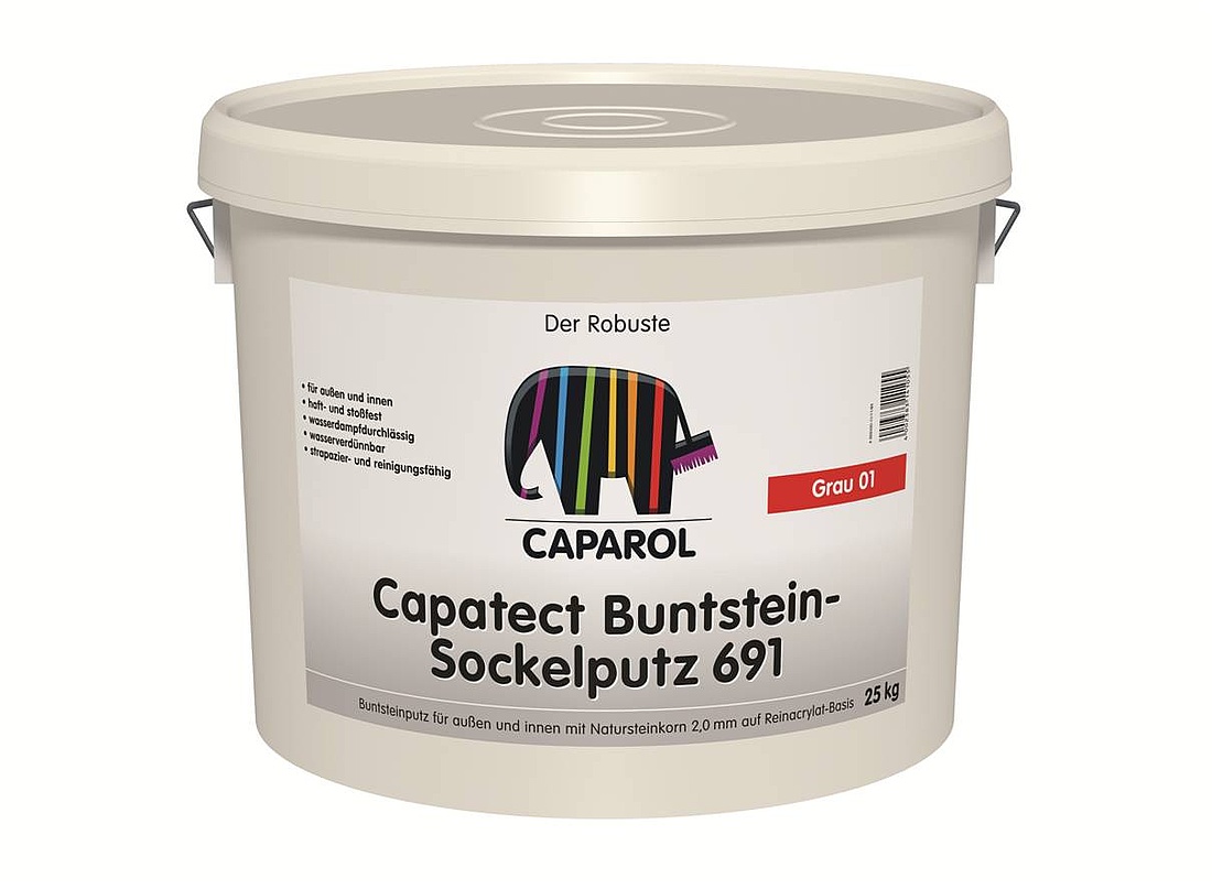 Capatect Buntstein-Sockelputz 691 ist ein verarbeitungsfertiger Buntsteinputz auf Reinacrylat-Basis mit farblich abgestimmtem Naturstein-Granulat. (Foto: CAPAROL Farben Lacke Bautenschutz GmbH)