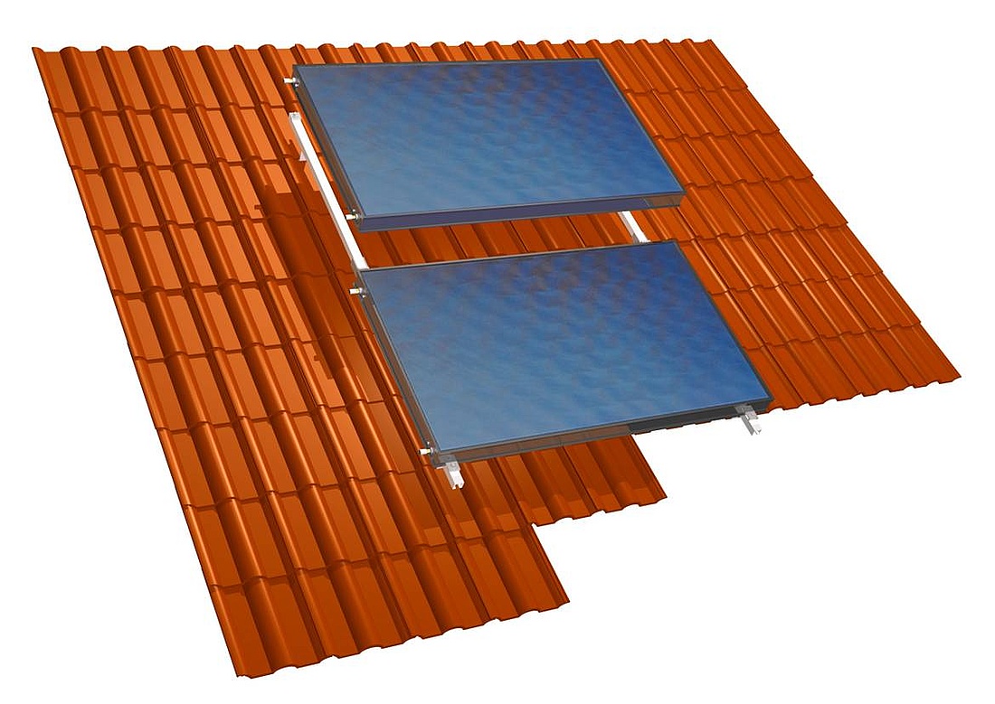 Auf geneigten Dächern erfolgt die Montage der Solarkollektoren häufig direkt auf dem Dach. Typische Aufdachsysteme bestehen aus Dachankern, Montageschienen und Kollektorklemmen. (Grafik: Wagner Solar GmbH)
