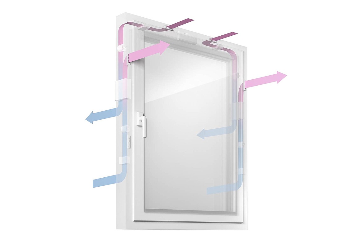 Beim Kunststoff-Fenster KF 714 S Geneo Inovent ist ein Fensterlüfter mit Wärmetauscher nahezu unsichtbar in den Fensterrahmen integriert, sodass das Lüftungs-Fenster für einen Luftaustausch bei geschlossenem Fenster sorgt. (Foto: Kneer-Südfenster)