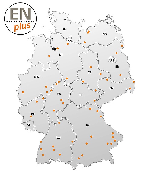 ENplus-zertifizierte Holzpellet-Werke in Deutschland (Grafik: Deutsches Pelletinstitut GmbH Stand: August 2018)