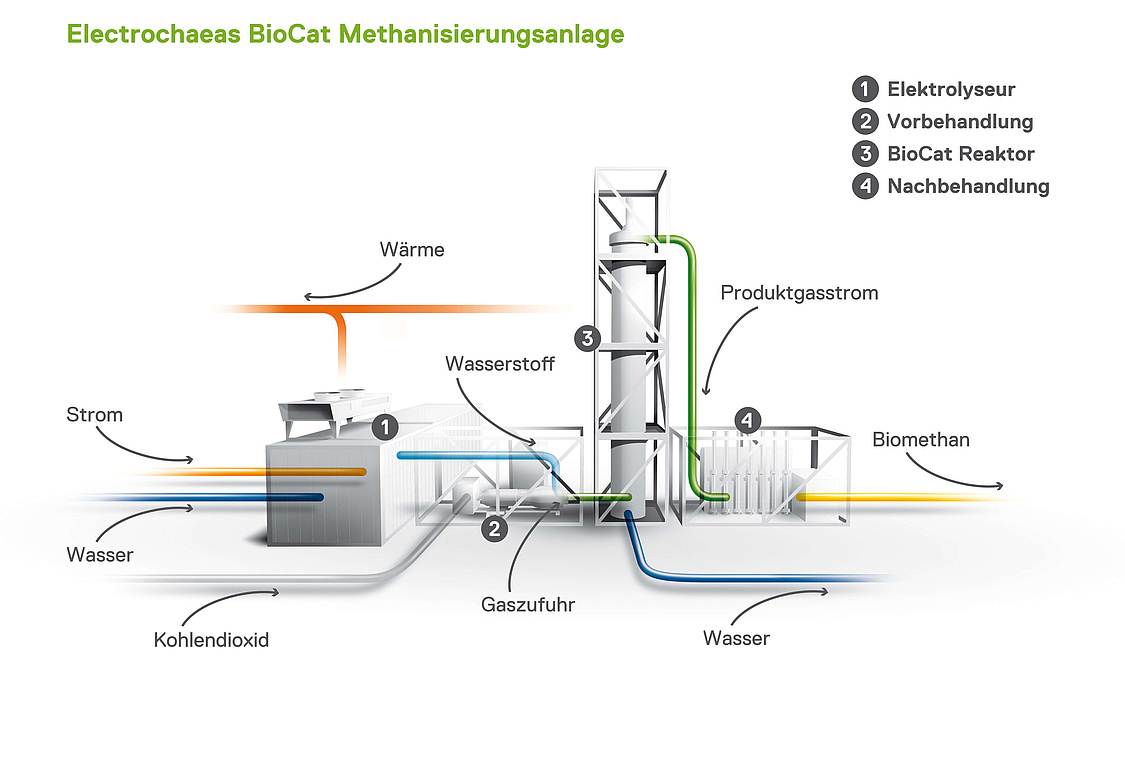 Schematischer der Aufbau der BioCat Methanisierungsanlage von Electrochaea (Grafik: © Electrochaea/ Michael Rogge)