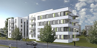 Das Bild zeigt eine Simulation der beiden neuen Mehrfamilienhäuser der WIRO Wohnen in Rostock GmbH.