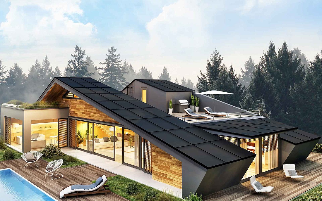 Ersetzt die Photovoltaikanlage die Dachhaut und -konstruktion, so wird im Vergleich zu einem Standard-Dach deutlich weniger Material benötigt. Dies verringert den CO2-Fußabdruck und trägt zum Erreichen der Klimaneutralität bei. (Foto: SunRoof)