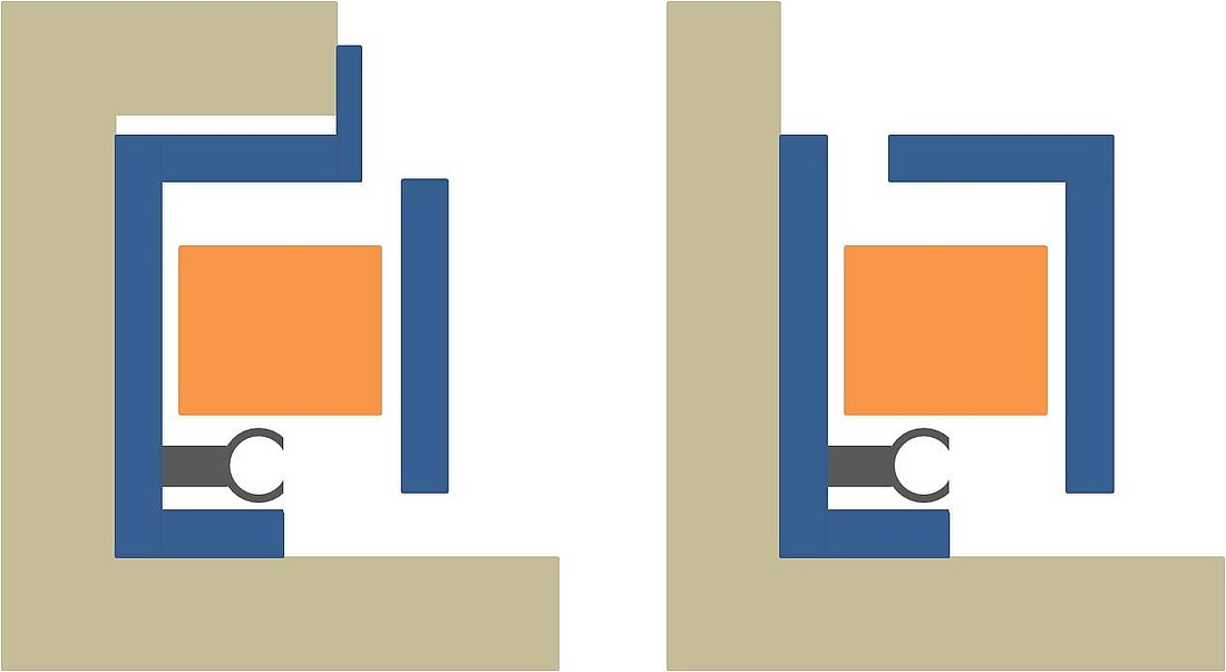 Heizleisten-Montage in einer Wandaussparung (links) und Heizleisten-Montage anstelle der Sockelleiste vor der Wand (rechts). (Grafik: energie-experten.org)