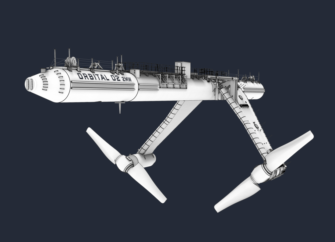 Unter einem 72 Meter langen, zigarrenförmigen Schwimmkörper drehen sich zwei SKF-Tidenturbinen. (Grafik Orbital Marine Power Ltd.)