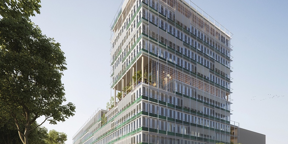 Das neue Bürogebäude der UmweltBank in Nürnberg versorgt mit eigenem Solarstrom die Erdwärme-Wärmepumpe. (Grafik: Spengler Wiescholek)