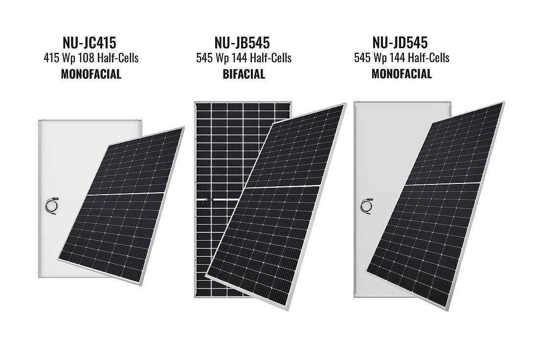 Hier sehen Sie die jeweilige Vorder- und Rückseite der Sharp Solarmodule NU-JC415, NB-JD545 und NU-JD545